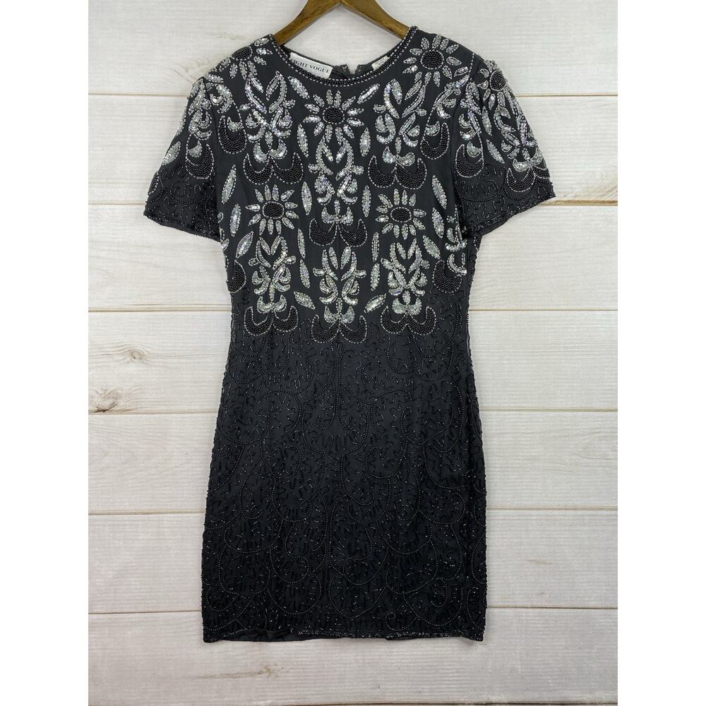 Night Vogue 100% Silk Dress Sz M Black Heavily Beaded Short Sleeve Mini Vintage